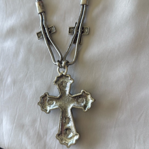 Silver Turquoise Rhinestone Cross Pendant Wire Mesh Necklace Dangle Earring Set - Picture 8 of 13